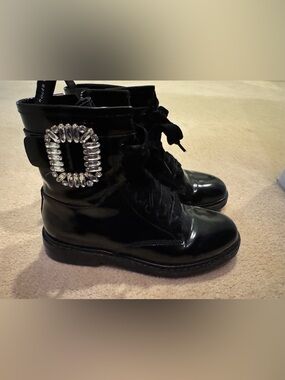 Roger Vivier Black Patent Lace-Up Ankle Boots with Crystal Buckle